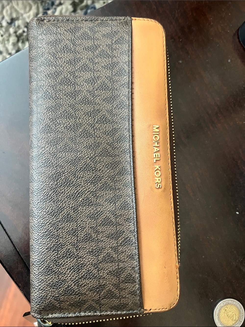 Michael Kors Brown and Tan Men's Zip-Around Wallet